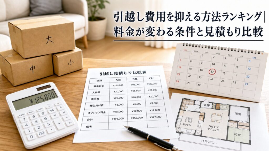 引越しの見積書と比較表を確認する家族と段ボール