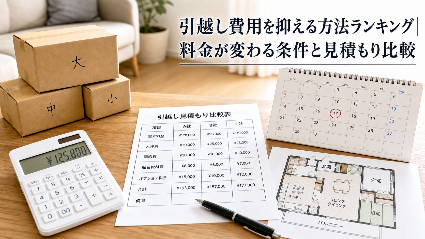 引越しの見積書と比較表を確認する家族と段ボール