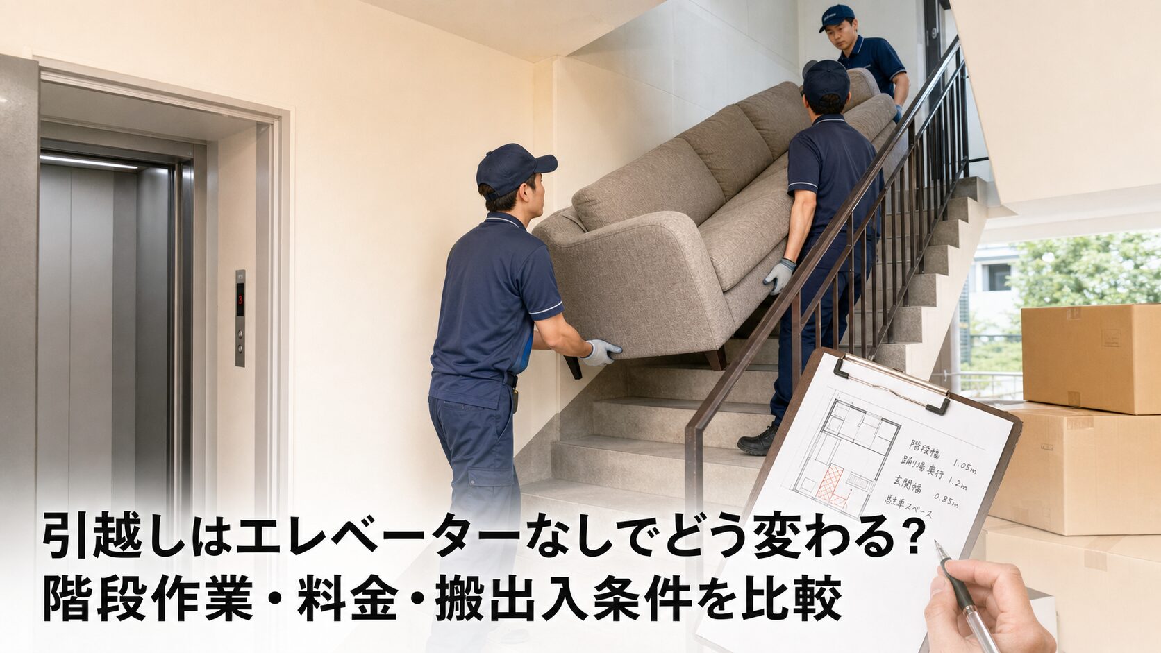 引越しの階段とエレベーターの搬入条件を確認する家族と作業員