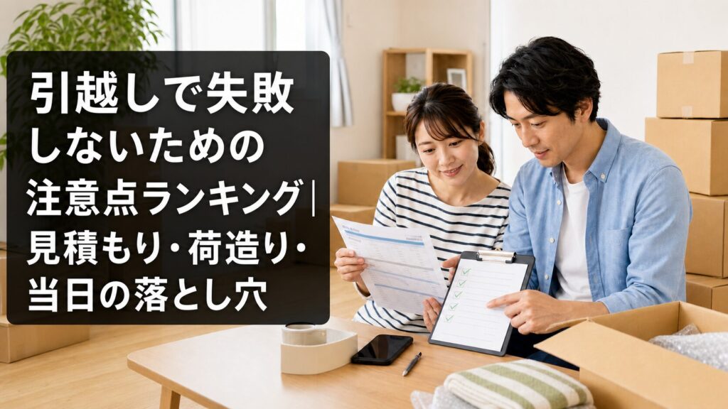 引越しの見積書とチェックリストを確認する夫婦と段ボール