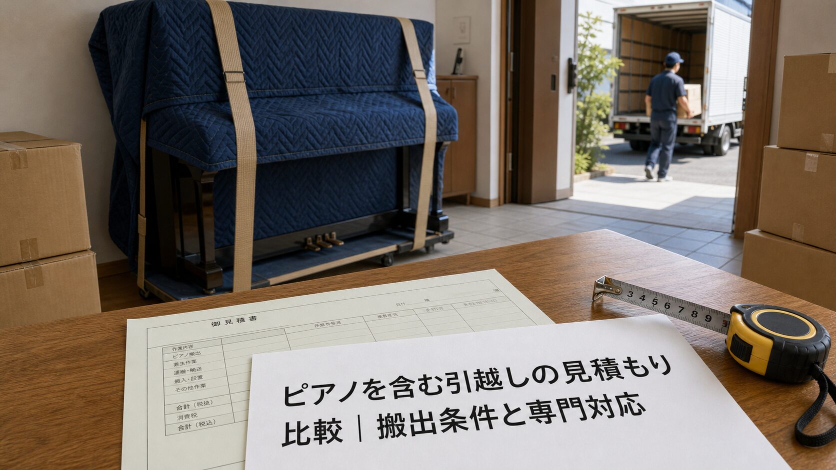 搬送用カバーで保護されたアップライトピアノと引越し見積書