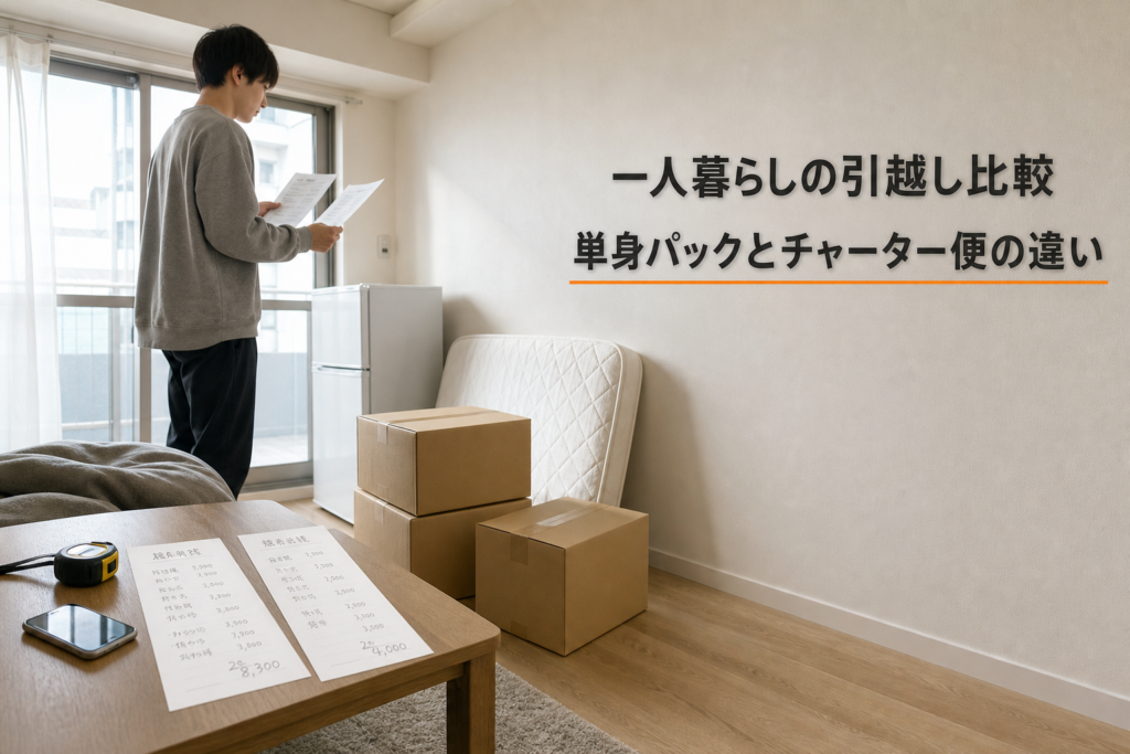 一人暮らしの部屋で見積書を確認する引越し担当者と居住者