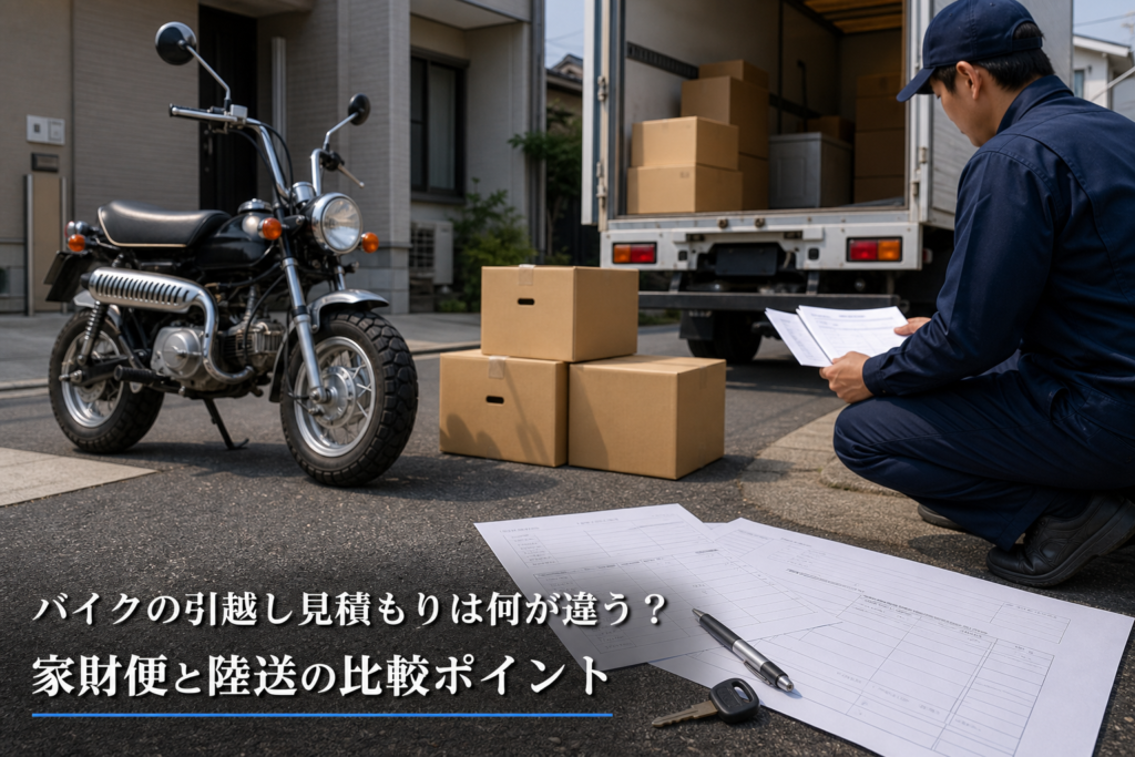 見積書と引越しトラックを前にバイク輸送の条件を確認する場面