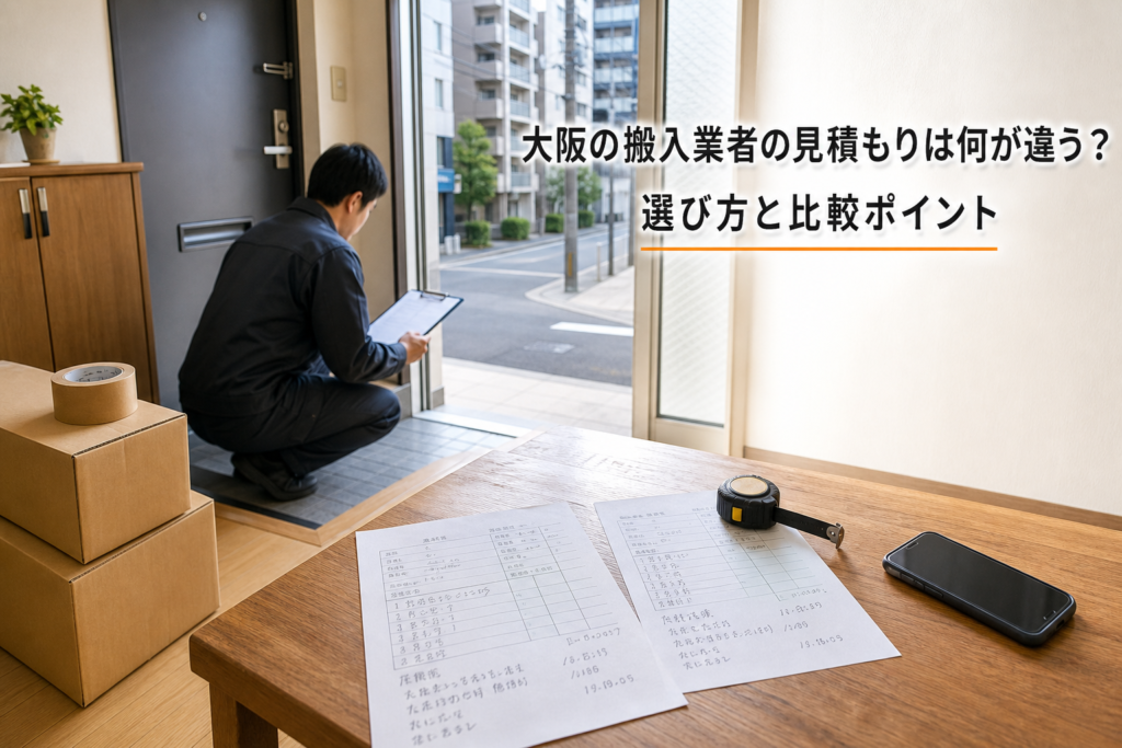 大阪のマンション前で搬入経路と見積書を確認する作業員と段ボール