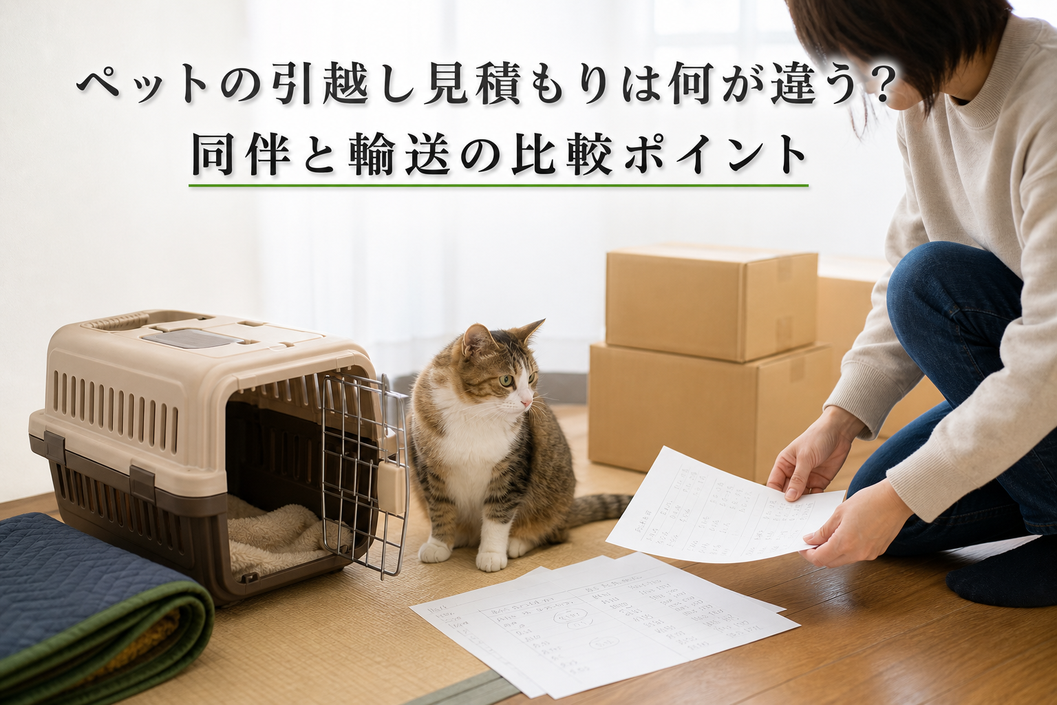 引越し前の部屋で見積書を確認する担当者と、ケージ準備のイメージ