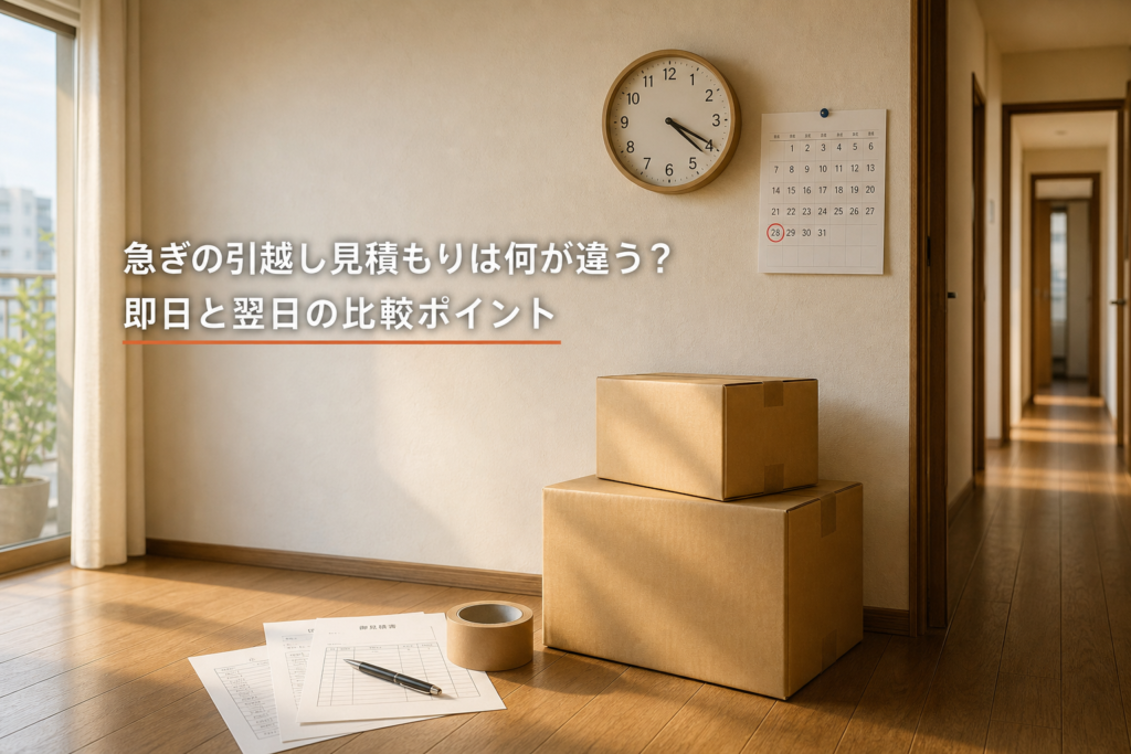 荷造り途中の部屋で壁時計と見積書を見ながら受取時間を確認する場面